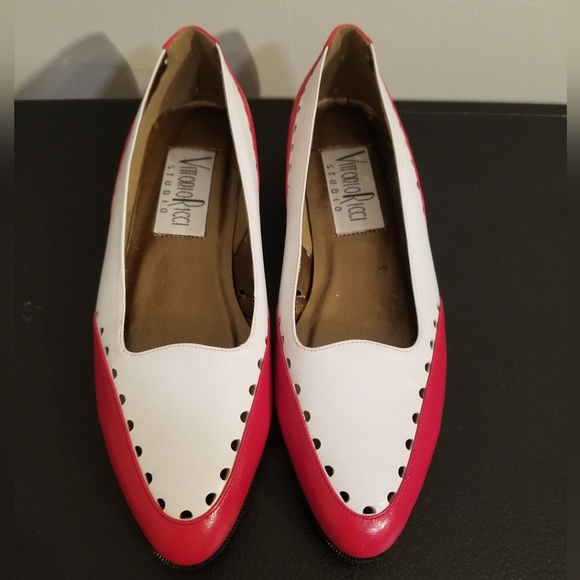 VITTORIO RICCI VINTAGE FLATS RED WHITE LEATHER CUT OUT 80S LOW HEELS COMFY RETRO - Picture 4 of 7